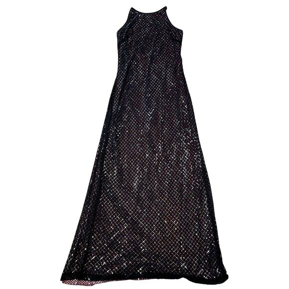 90’s Y2K Rampage Black Overlay Metallic Silver Halter Maxi Occasion Dress (Sz M) - Picture 10 of 16